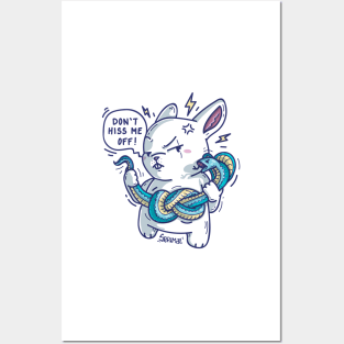 Rabbit with cobra snake saying "Don't hiss me off" funny snake pun Posters and Art